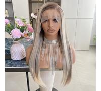 Ash Blonde Wigs with Brown Highlights Ombre Wig Dark Roots 5.1x2.4 Lace Front Wig Long Straight Pre Drawn Synthetic Fiber 24 Inch for Women and