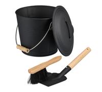 Relaxdays Ash Bucket with Lid & Sweeping Set, 4.5 Litres, Shovel & Broom, Fireplace Bin, Container with Handle, Black, Iron