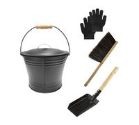 Ash Bucket 6L Metal Ash Bin Set with Lid, Shovel, Hand Broom and Gloves | Ash Can for Fireplaces and Fire Pits, Ash Carrier Cleaning Tools for Coal, Charcoal and Pellet Ash (6 L)