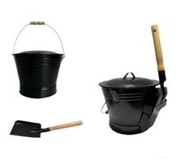 Ash Bucket with Lid Fireproof Round Charcoal Container Set with Shovel and Brush, Galvanized Iron Black Finish for Fireplace, Wood Stove, Grill and Fire Indoor