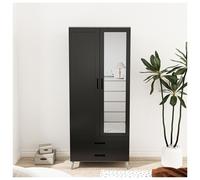 (Ash Grey Black ) 180cm Mirror Wardrobe 2 Door 2 Drawer Bedroom Clothes Storage Hanging Rail