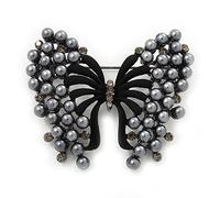 Ash Grey Faux Pearl Butterfly Brooch In Gun Metal Finish - 5cm Length