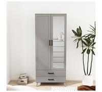(Ash Grey Grey ) 180cm Mirror Wardrobe 2 Door 2 Drawer Bedroom Clothes Storage Hanging Rail