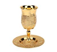 ASHATA European Style Kiddush Cup Set, Vintage Stemmed Wine Cup with Plate, Gold Chalice Wine Goblet Set for Wedding Communion Festivals Religious Ceremony (Golden Color)