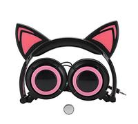 ASHATA Headphone Cat Ear Headset, CL107 Foldable Music Micro USB Headphone with LED Light for Kids Teens Adults, Compatible with Mobile Phone/Computer,(Black+Red)