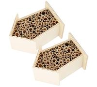 ASHATA Wooden Bee House for Garden Decoration, 2 Pack Hotel Shelter Nests for Native Pollinator Bees, Safe Natural Wood and Reed Outdoor Mountable Box for and