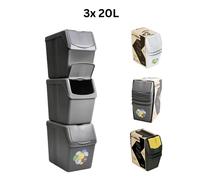 (Ashen, 3 x 20 Litre bins) Sorting Waste Bin Recycling Segregation Stackable Lidded Grey White 20L 25L 35L