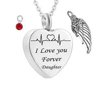 Ashes Necklace Silver, Necklaces for Ashes Heart I Love You Forever Daughter ECG with Wing Birthstone Necklace for Memorial Keepsake