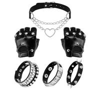 Asheyya 5 Pcs Emo Accessories Set, Punk Clothes with Goth Choker Studded Bracelet Fingerless Leather Gloves for Women Men Fancy Dress