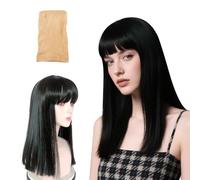 Asheyya Black Wig with Fringe, 37 cm Medium Long Straight Synthetic Black Wigs for Women