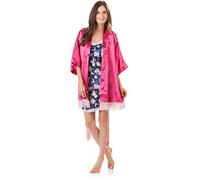 Ashford & Brooks Women's 2 Piece Satin Robe and Nightie Set - Fuschia/Hibiscus Nightingale - X-Large