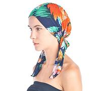 Ashford & Brooks Women's Pretied Fitted Headscarf Chemo Bandana (One Size Fits Most, Navy/Coral Tropical Fronds)