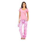 Ashford & Brooks Women's Short Sleeve Cotton Top Fleece Pants Pajama Set - Pink - Medium