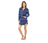Ashford & Brooks Women's Sweater Fleece Zip Up Hooded Sleep Lounge Shirt - Blue Pink - Small