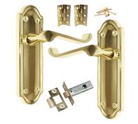 Ashford Door Handle Brass, Latch Lock Bathroom Set WC Toilet Door Handles, Bathroom Mortice 3 Lever Lock 3" Hinges 168mm x 47mm Backplate, Interior Wooden Doors (Latch Pack)