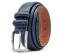 Ashford Ridge Men's Premium Leather Belt - 33mm Classic Double Keeper Belt with Brushed Silver Buckle - Navy Large