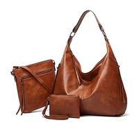 Ashioup Hobo Bags for Women Soft PU Leather Shoulder Bag Vintage Slouchy Handbag with Zipper, Brown Three-piece Suit, One Size