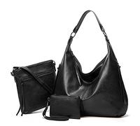 Ashioup Hobo Bags for Women Soft PU Leather Slouchy Bag Shoulder Purse with Zipper, Black Three-piece Suit, One Size
