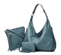 Ashioup Women's Hobo Bag Soft PU Leather Tote Shoulder Bag Vintage Slouchy Handbag, Blue Three-piece Suit, One Size
