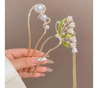 Ashkash 2Pcs Differnt Alloy French U Shape Hair Fork Pins White Faux Pearl & Lily of the Valley Zircon Tassel Hairpin Vintage Elegant Classic Hair Clip New Chinese Style Hairpin Elegant Wedding