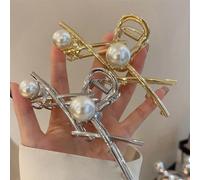 Ashkash 2Pcs Pearl X-shaped Silver & Golden Metal Geometric Large Shark Hair Claws Clips Elegant Hairpin for Women Girls Thick Thin Hair Accessories