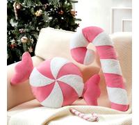 Ashler Merry Christmas Candy Shaped Pillows, Set of 2 Candy Cane Teddy Sherpa Soft Velvet Patchwork Throw Pillows, Christmas Cushion for Sofa, Bed and Living Room, Pink