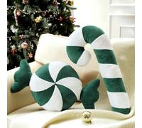 Ashler Merry Christmas Candy Shaped Pillows, Set of 2 Candy Cane Teddy Sherpa Soft Velvet Patchwork Throw Pillows, Christmas Cushion for Sofa, Bed and Living Room, Green