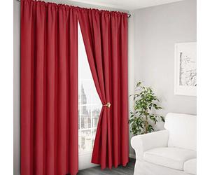 Ashley Mills 100% Pure Plain Tape Top Pair of Curtains 66" x 72" Red Thermal Backed Verona Readymade Curtains