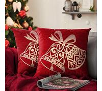 Ashley Mills Christmas Soft Cotton Chenille Tapestry Cushion Cover Xmas Festive Scatter Cushions Nordic Santa Reindeer Stag Snowman (2x Small Filled Cushions, Glitter Red Bells)