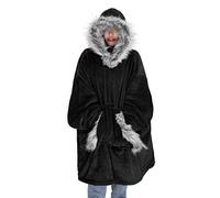Ashley Mills Oversize Fur Teddy Sherpa Cuddly Cosy Sweatshirt Hoodie with Thumb Hole Double Layer Thermal Giant Blanket with Front Pocket Adults Teens Mens Womens (Black Fur)