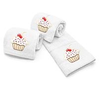 Ashley Mills Woven Embroidered Tea Towels Pack of 3 Large 40 x 70cms Super Absorbent Farm Animals 5 Styles 100% Cotton (Cupcakes, White)