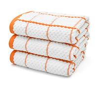 Ashley Mills Woven Tea Towels Check 3 Pack Large 50x70cms Super Absorbent 100% Cotton (Orange)