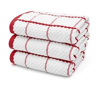 Ashley Mills Woven Tea Towels Check 3 Pack Large 50x70cms Super Absorbent 100% Cotton (Red)