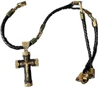 Ashopfun Elegant Handcrafted Rosary with Ornate Golden Crosses, Handmade Leather Braided Rope Jesus Christ Gold Cross Pendant Necklace,Catholic Cross Religion Faith Necklace Gift for Men Women