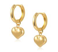 ASH'S CHOICE 14k Real Gold Hoop Earrings with Heart Drop Hanging Dangle Earrings