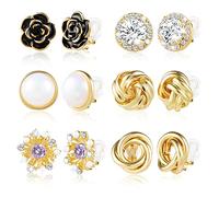 ASH'S CHOICE 6 Pairs Clip on Earrings for Women, Plated Rose Pearl Twist Knot Clip On Earrings, CZ Rhinestone Flowers Clip Earrings with Rubber Pads, Hypoallergenic Non Pierced Clip Earrings