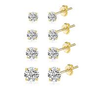 ASH'S CHOICE 925 Sterling Silver Stud Earrings Set 14K Gold Multipack Small Cubic Zirconia Ball Cartilage Studs for Women, 3/4/5/6 mm 4 Pairs