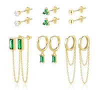 ASH'S CHOICE Earrings and Studs Set for Women, 6 Pairs 925 Sterling Silver Dangle Hoop EarringTiny Cartilage Earring Hypoallergenic Cubic Stud Green Jewelry Chain Hinged Earrings for Women, Gold