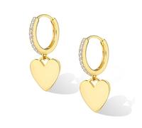 ASH'S CHOICE Small 14k Real Gold Plated Hoop Earrings with Heart Drop Hanging Dangle Earring, 925 Gold Cartilage Zirconia Huggie Hoop Heart Drop Earring for Women