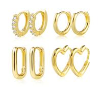 ASH'S CHOICE Small Gold Hoop Earrings for Women, 4 Pairs 14K Goldplated Multipack Hoop Earrings Set, Small Cute Zirconia Square Heart Hoop Lightweight Cartilage Gold Hoop Earrings for Women