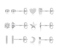 ASH'S CHOICE Sterling Silver Stud Earrings, 6 Pairs, Multipack Mini Small Studs Set, Moon Star Heart Round Ball Studs, 6PairsSilver
