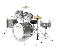 Ashthorpe 5-Piece Complete Kid's Junior Drum Set with Genuine Brass Cymbals - Children's Advanced Beginner Kit with 16" Bass, Adjustable Throne, Cymbals, Hi-Hats, Pedals & Drumsticks - Silver