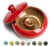Ashtray with Lid for Outside Patio, Windproof Ash tray, Ceramic Smokeless Ashtray for Outdoor Home Office Tabletop Patio Outdoor Balcony, Red