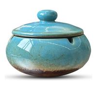 Ashtray with Lid, Kiln-Changed Blue Style, Premium Heat-Resistant Ceramic Ashtrays for Indoor Outdoor Use, Stylish Home Office Patio Balcony Decoration, Large Capacity Outdoor Ashtray