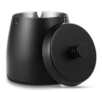 Ashtray with Lid, Windproof Cigarette Ash Tray for Outdoor Indoor, Metal Ashtray Ash Holder with Lid Smell Proof for Garden Bar Balcony Home Office Decoration - Black