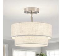 ASHUAQI Chrome Ceiling Lights Living Room, 3-Light Modern Chandelier with Double Beige Fabric Drum Shade, Semi Flush Ceiling Light for Bedroom, Hallway, Dining Room, Lounge, Kitchen