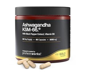 Ashwagandha KSM-66 - GOLD Innovation, High Strength 3000mg Premium Formulation, Organic KSM 66 Ashwagandha Root Extract 250mg, With Black Pepper & Vitamin B6, Boosts Focus, 60 Capsules | Protein Works