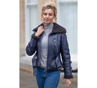 Ashwood Leather '2420' Ladies Leather Aviator Jacket With Oversized Fur Collar In Dark Blue Dark Blue 16