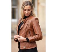 Ashwood Leather Veg Tanned Biker Jacket With Double Button Mandarin Collar Tan