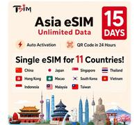 Asia eSIM 11 Countries | 15 Days Unlimited Data in China, HK, Indonesia, Japan, Macao, Malaysia, Singapore, South Korea, Taiwan, Thailand, Vietnam | Get QR code in 24 hours | Auto Activation